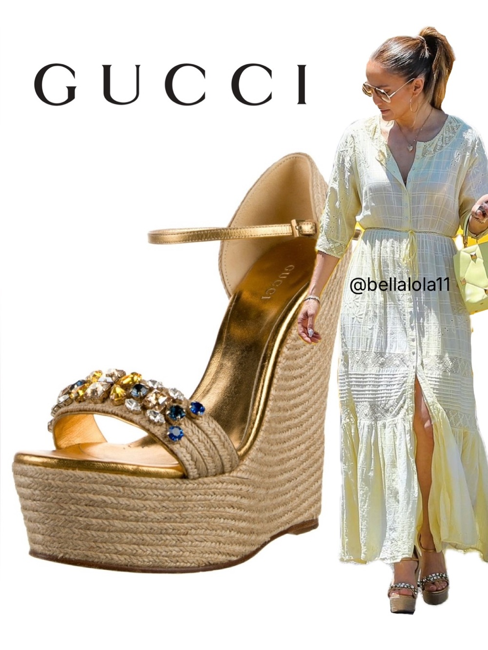 AUTHENTIC GUCCI Gold Jeweled Espadrille Wedge Sandals